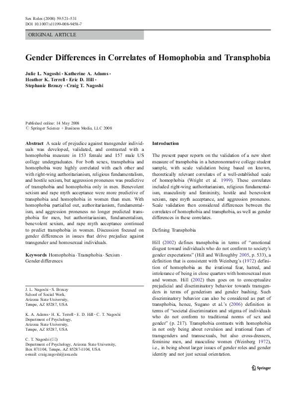 (PDF) Gender Differences in Correlates of Homophobia and Transphobia