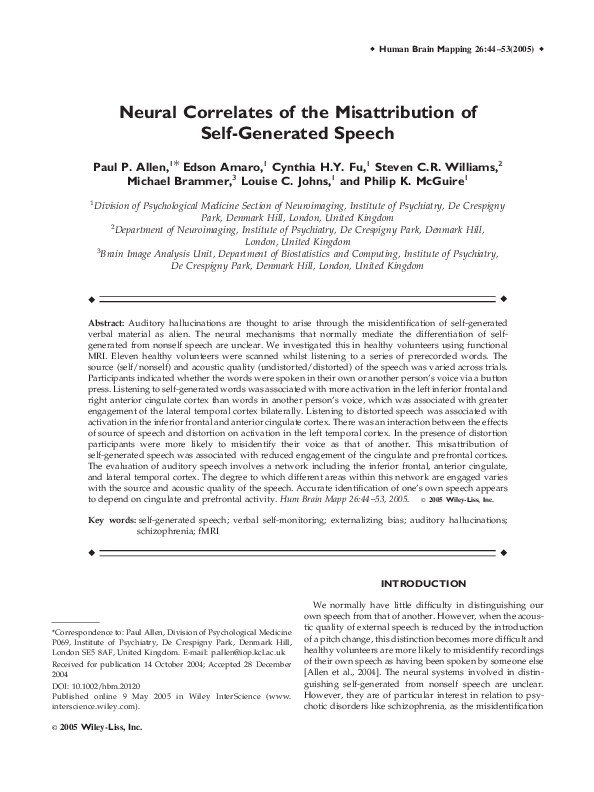 (PDF) Neural correlates of the misattribution of self-generated speech