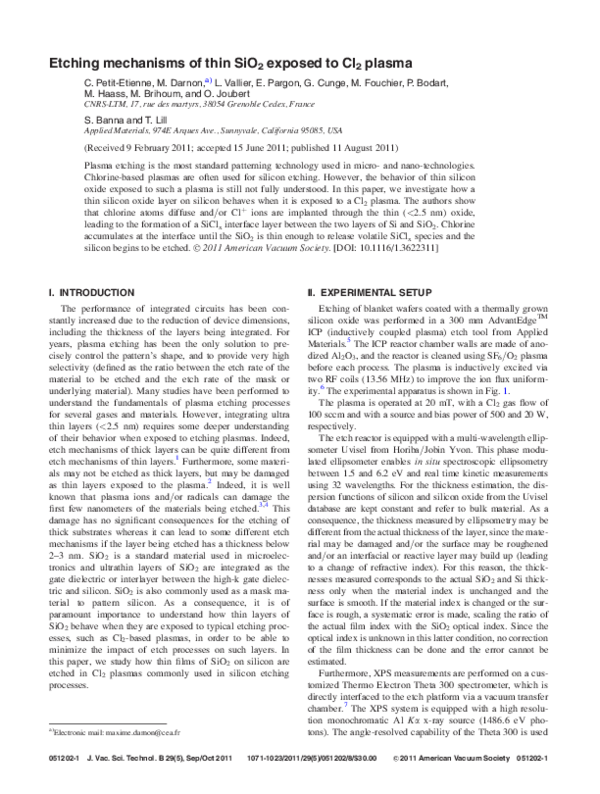 (PDF) Etching mechanisms of thin SiO2 exposed to Cl2 plasma Thorsten Lill, Laurent Vallier