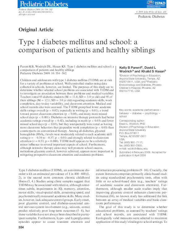 (PDF) Type 1 diabetes mellitus and school: a comparison of patients and ...