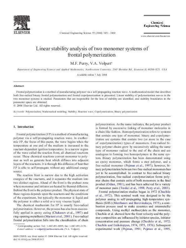 (PDF) Linear stability analysis of two monomer systems of frontal ...