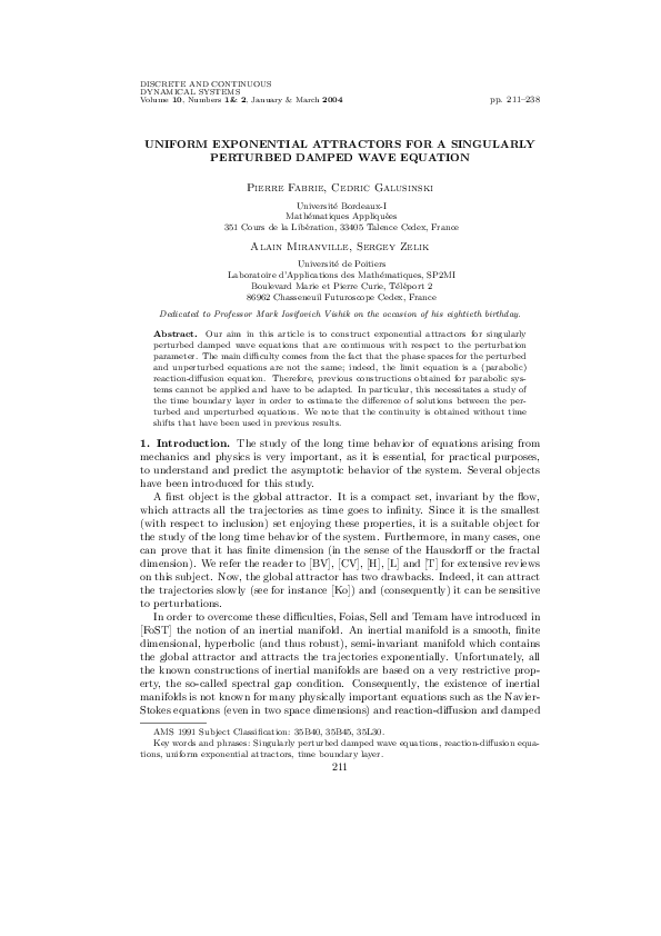 (PDF) Uniform exponential attractors for a singularly perturbed damped ...