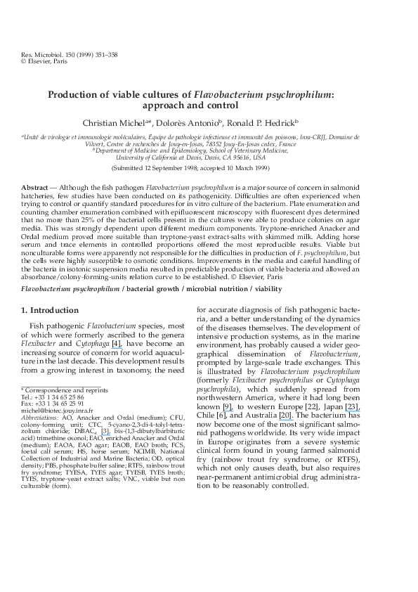 (PDF) Production of viable cultures of Flavobacterium psychrophilum ...
