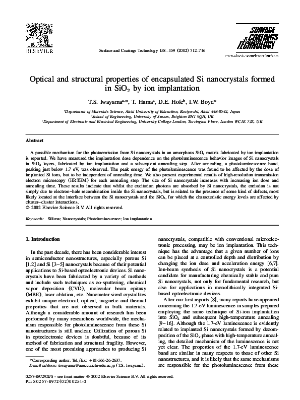 (PDF) Optical and structural properties of encapsulated Si nanocrystals ...