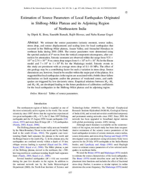 (PDF) Estimation of Source Parameters of Local Earthquakes Originated ...