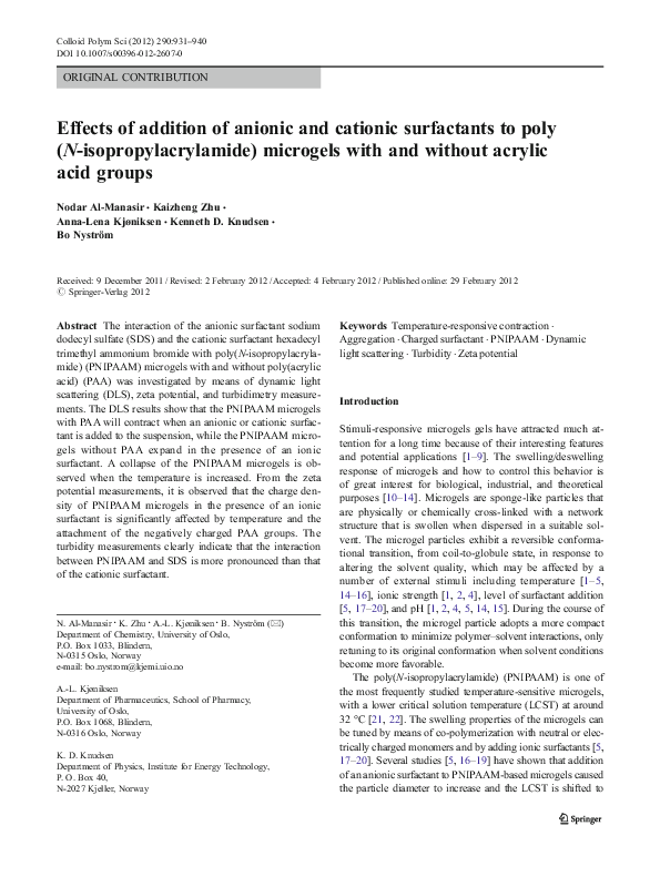 (PDF) Effects of addition of anionic and cationic surfactants to poly(N ...