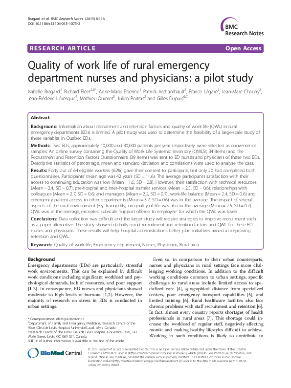 (PDF) Quality of work life of rural emergency department nurses and ...