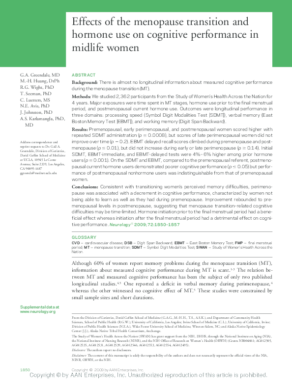 (PDF) Effects of the menopause transition and hormone use on cognitive ...