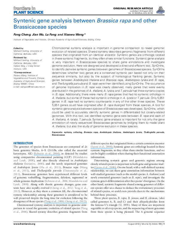 (PDF) Syntenic gene analysis between Brassica rapa and other ...