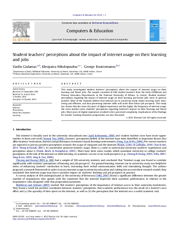 (PDF) Student teachers' perceptions about the impact of internet usage ...