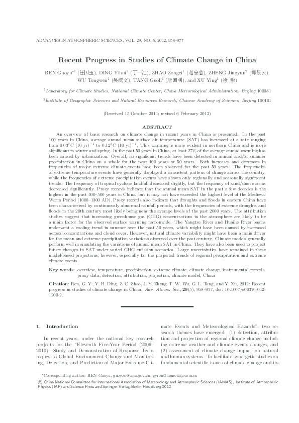 (PDF) Recent progress in studies of climate change in China