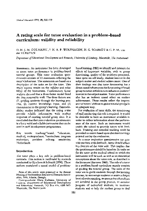 (PDF) A rating scale for tutor evaluation in a problem-based curriculum ...