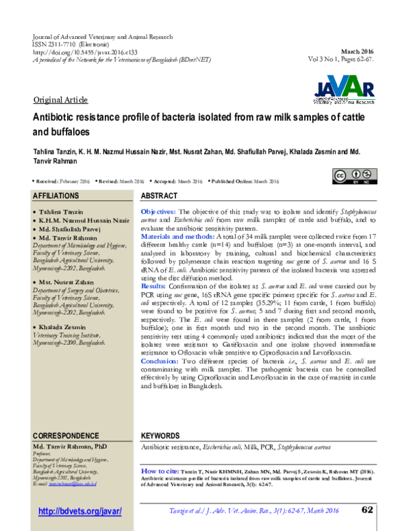 (PDF) Antibiotic resistance profile of bacteria isolated from raw milk ...