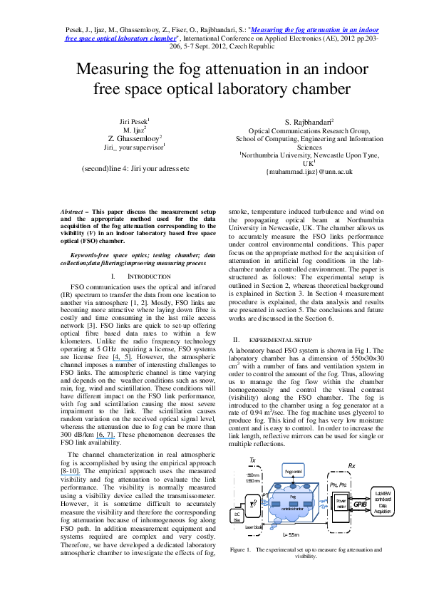 Pdf Measuring The Fog Attenuation In An Indoor Free Space Optical Laboratory Chamber Sujan Rajbhandari Academia Edu