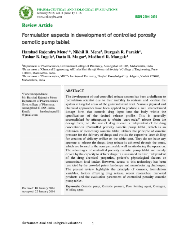  PDF Formulation Aspects In Development Of Controlled Porosity Osmotic Pump Tablet Durgesh R 