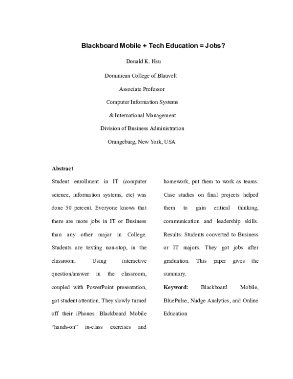 (DOC) Blackboard Mobile + Tech Education = Jobs? Donald Hsu