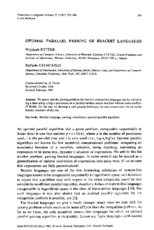 (PDF) Optimal parallel parsing of bracket languages