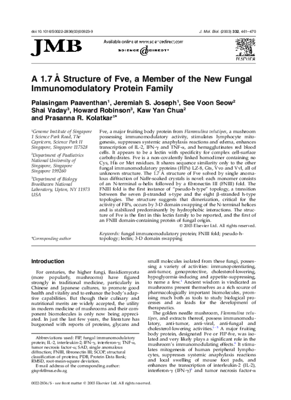 (PDF) A 1.7Å Structure of Fve, a Member of the New Fungal ...