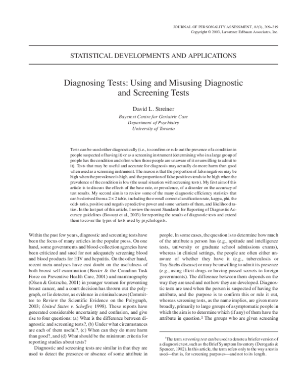 (PDF) Diagnosing Tests: Using and Misusing Diagnostic and Screening Tests
