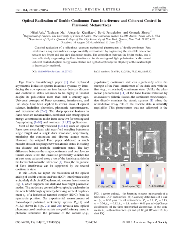 (PDF) Optical emulation of double-continuum Fano interference by ...