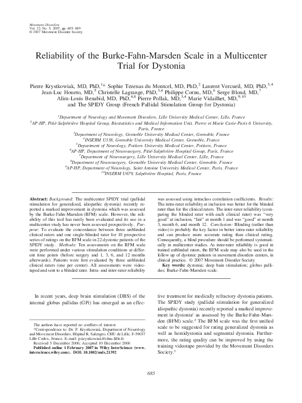 (PDF) Reliability of the Burke-Fahn-Marsden scale in a multicenter ...