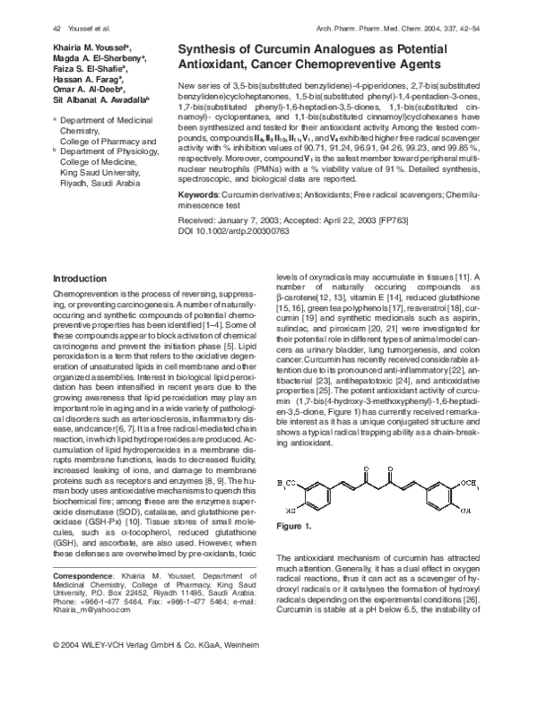 (PDF) Synthesis of Curcumin Analogues as Potential Antioxidant, Cancer ...