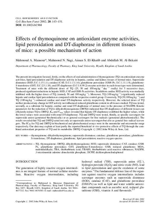 (PDF) Effects of thymoquinone on antioxidant enzyme activities, lipid