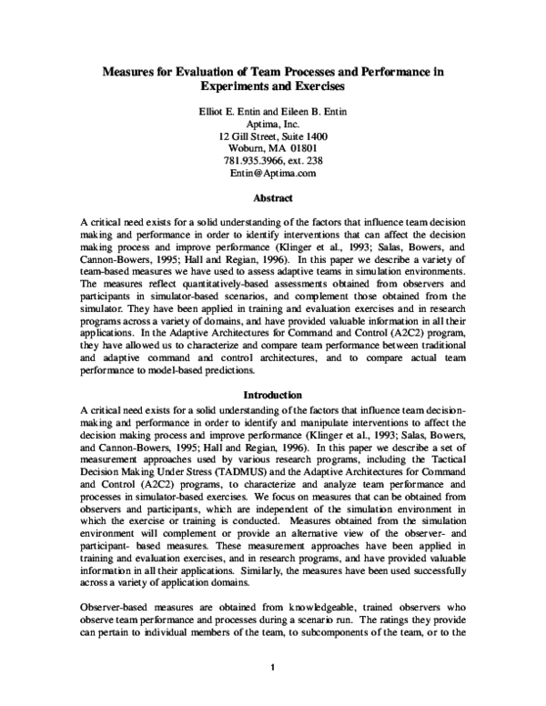 (PDF) Measures for Evaluation of Team Processes and Performance in ...