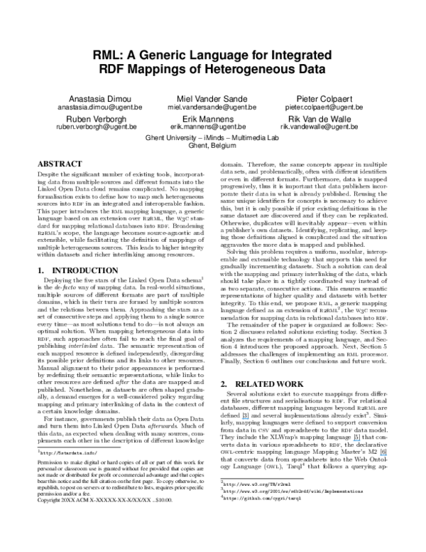 (PDF) RML: a generic language for integrated RDF mappings of ...