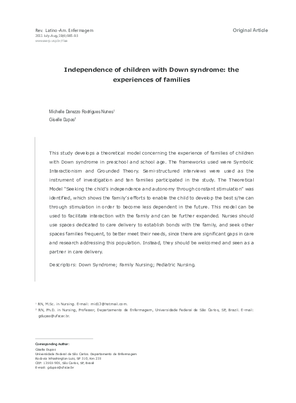 (PDF) Independence of children with Down syndrome: the experiences of ...