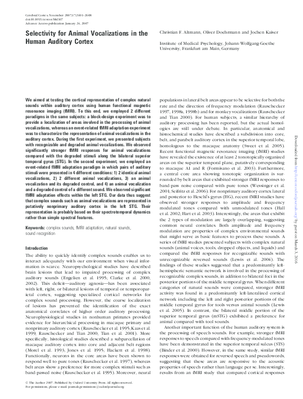 (PDF) Selectivity for Animal Vocalizations in the Human Auditory Cortex