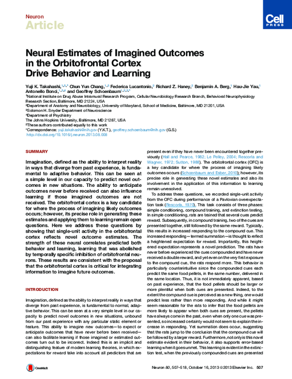 (PDF) Neural Estimates of Imagined Outcomes in the Orbitofrontal Cortex ...
