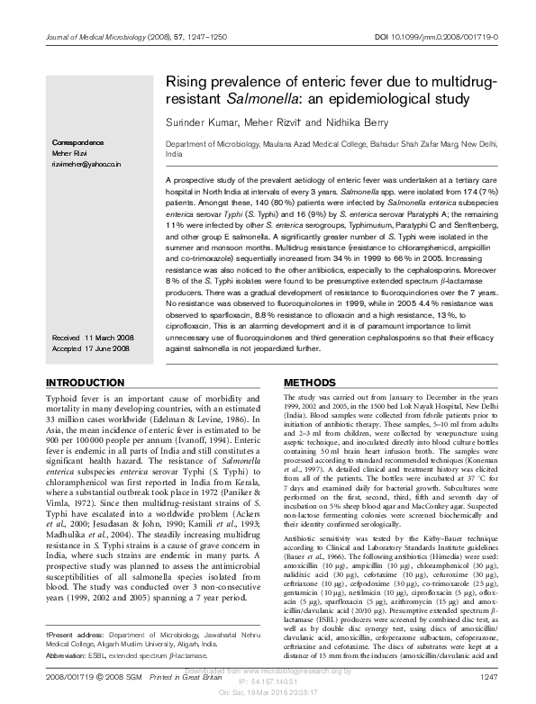 (PDF) Rising prevalence of enteric fever due to multidrugresistant