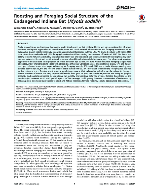 (PDF) Roosting and Foraging Social Structure of the Endangered Indiana ...
