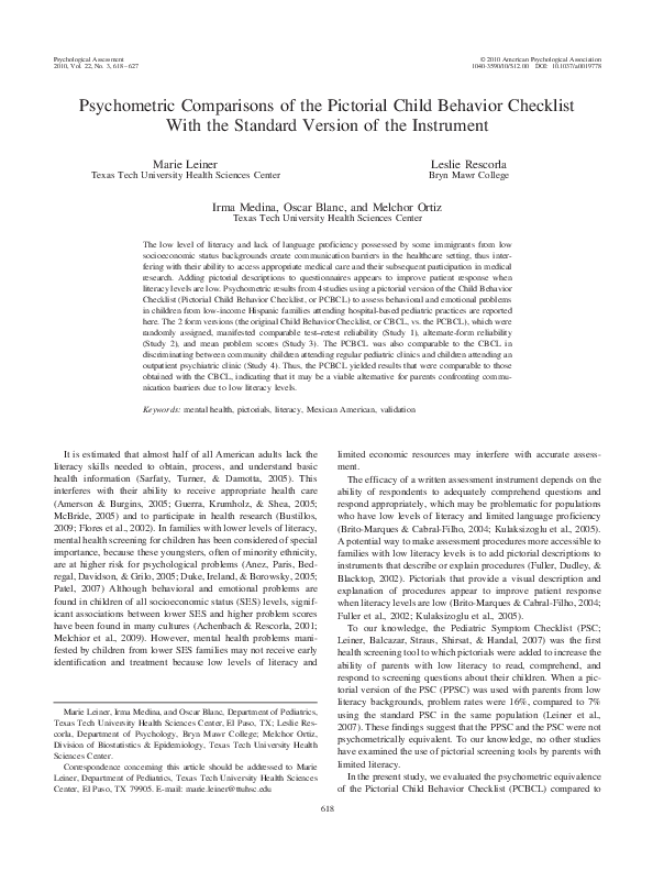 (PDF) Psychometric comparisons of the Pictorial Child Behavior