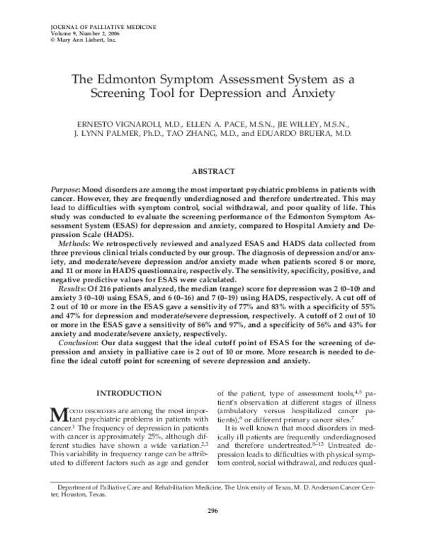 (PDF) The Edmonton Symptom Assessment System as a Screening Tool for ...