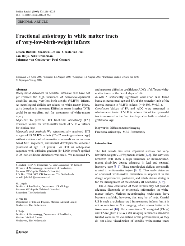 (PDF) Fractional anisotropy in white matter tracts of very-low-birth ...