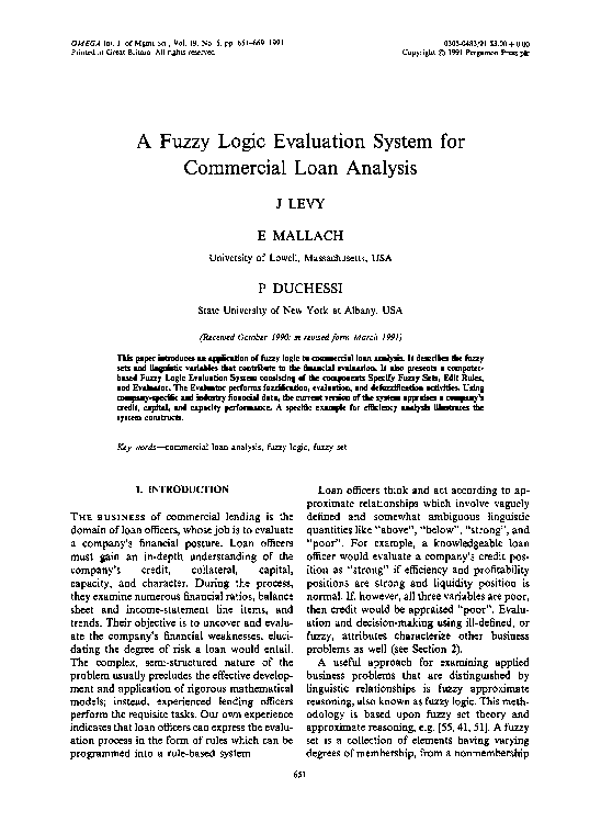 (PDF) A fuzzy logic evaluation system for commercial loan analysis