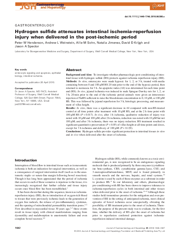 (PDF) Hydrogen sulfide attenuates intestinal ischemia-reperfusion ...