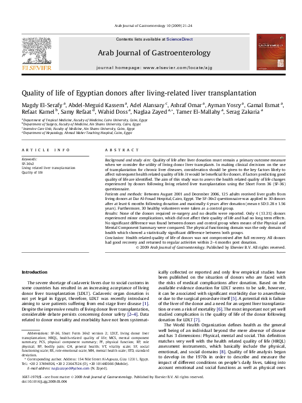 (PDF) Quality of life of Egyptian donors after livingrelated liver
