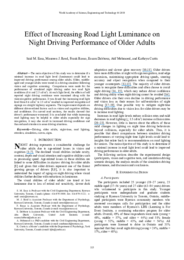 (PDF) Effect of Increasing Road Light Luminance on Night Driving ...