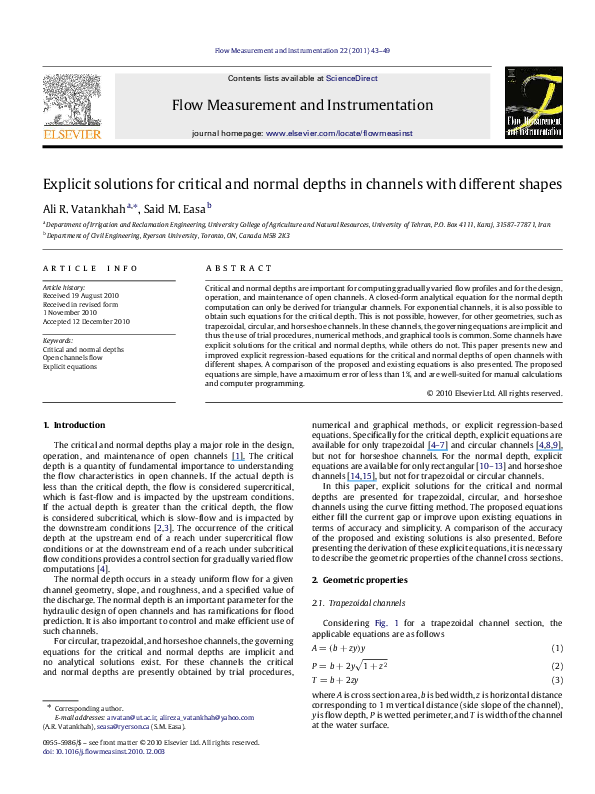 (PDF) Explicit solutions for critical and normal depths in channels ...