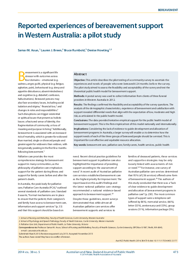 (PDF) Reported experiences of bereavement support in Western Australia a pilot study Lauren J