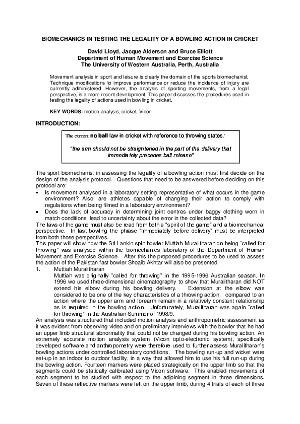(PDF) Biomechanics in testing the legality of a bowling action in cricket