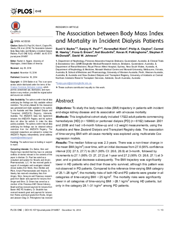(PDF) The Association between Body Mass Index and Mortality in Incident ...