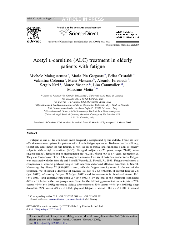(PDF) Acetyl lcarnitine (ALC) treatment in elderly patients with