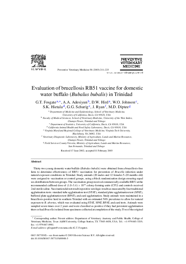 (PDF) Evaluation of brucellosis RB51 vaccine for domestic water buffalo ...