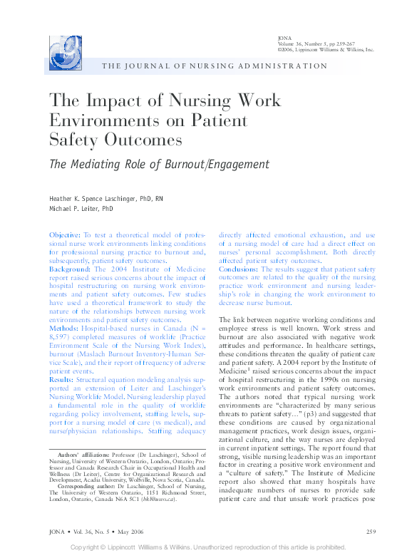 (PDF) The Impact of Nursing Work Environments on Patient Safety Outcomes