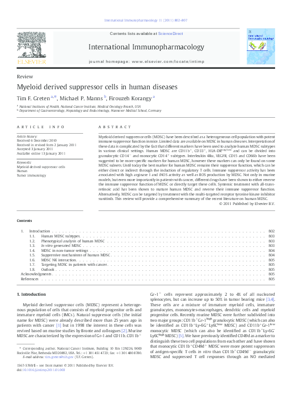 (PDF) Myeloid derived suppressor cells in human diseases
