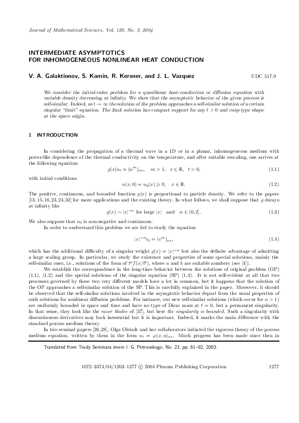 (PDF) Intermediate Asymptotics for Inhomogeneous Nonlinear Heat Conduction